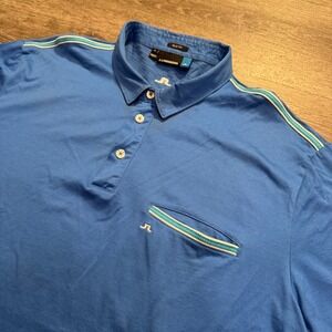J Lindeberg Polo Shirt‎ Mens XL Blue Stretch Short Sleeve Golf Performance Logo